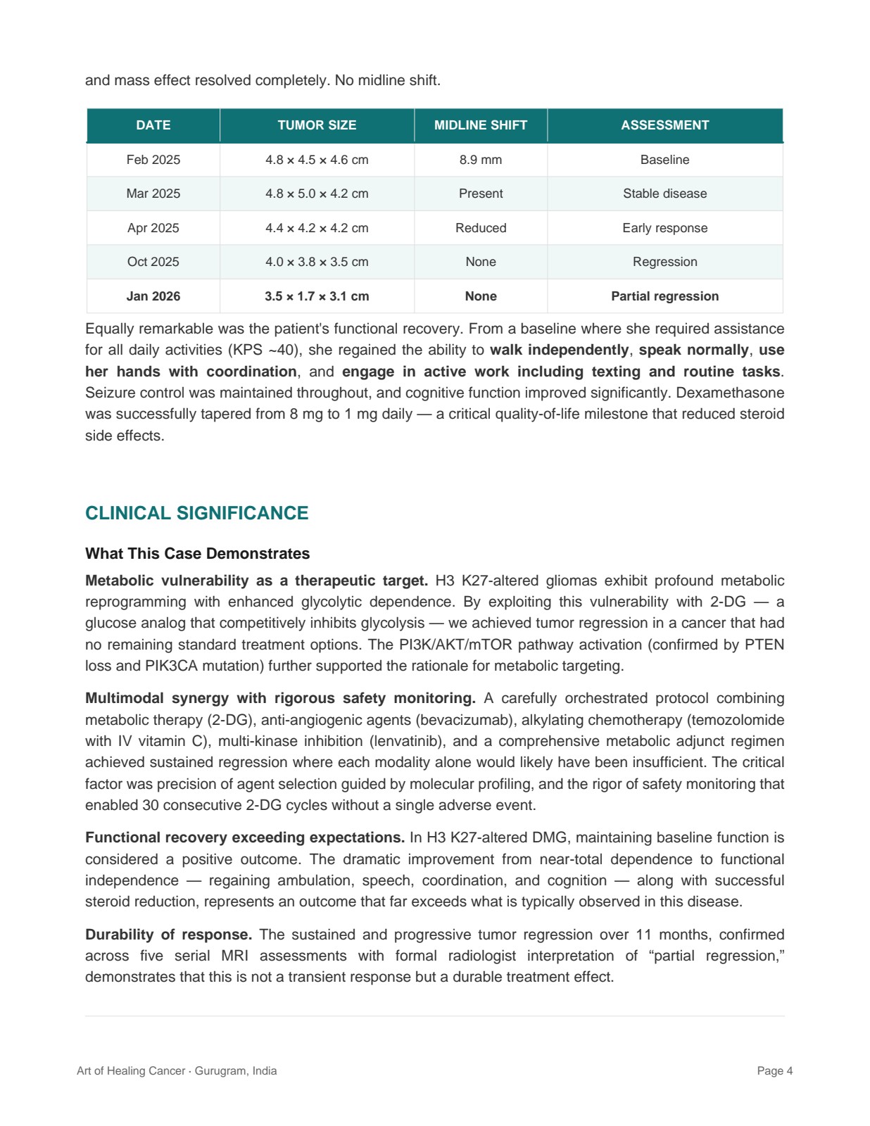 Case 1 report page showing serial MRI response measurements and clinical significance.