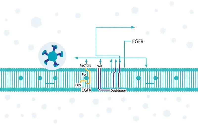 Receptor tyrosine kinase signaling pathway illustration showing EGFR on cell membrane