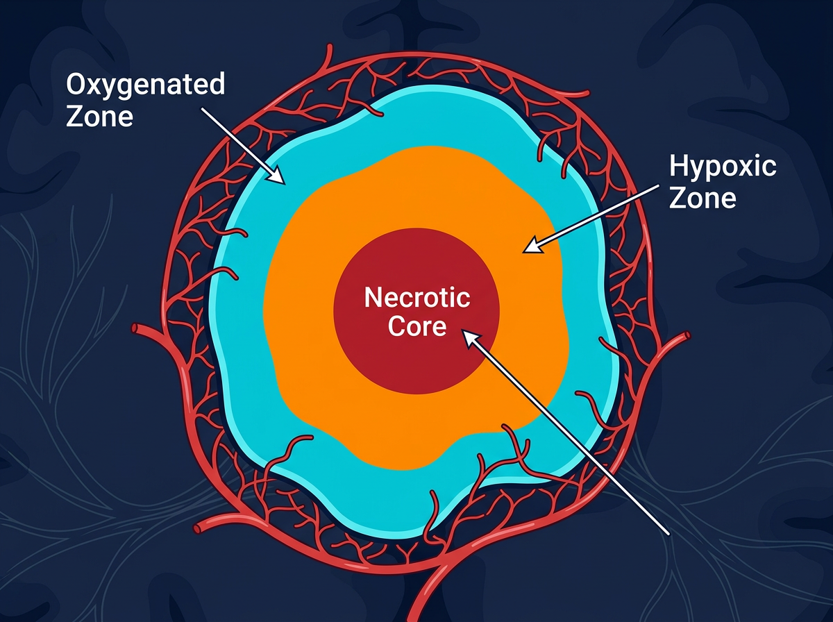 Diagram showing tumor hypoxia with oxygen-deprived core of a glioblastoma tumor