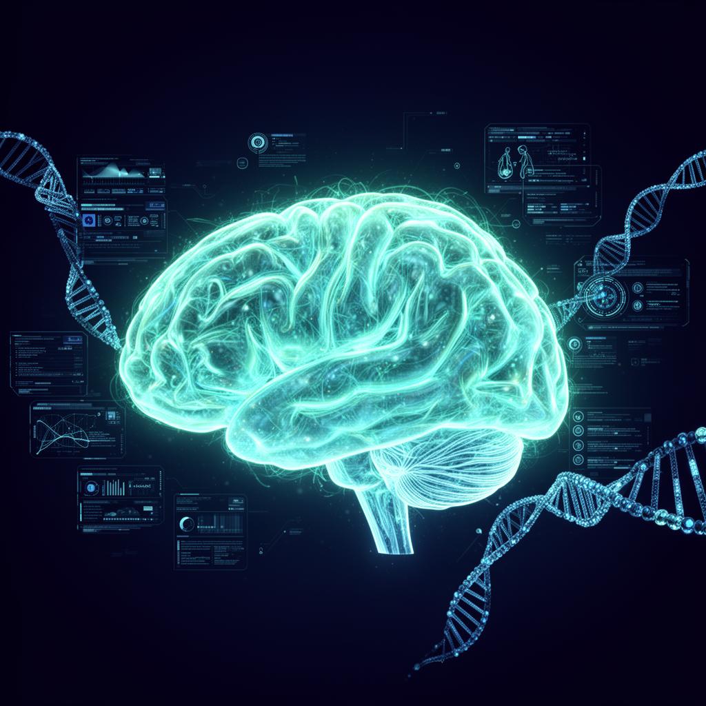 High-tech 3D brain visualization with neural pathways and DNA strands